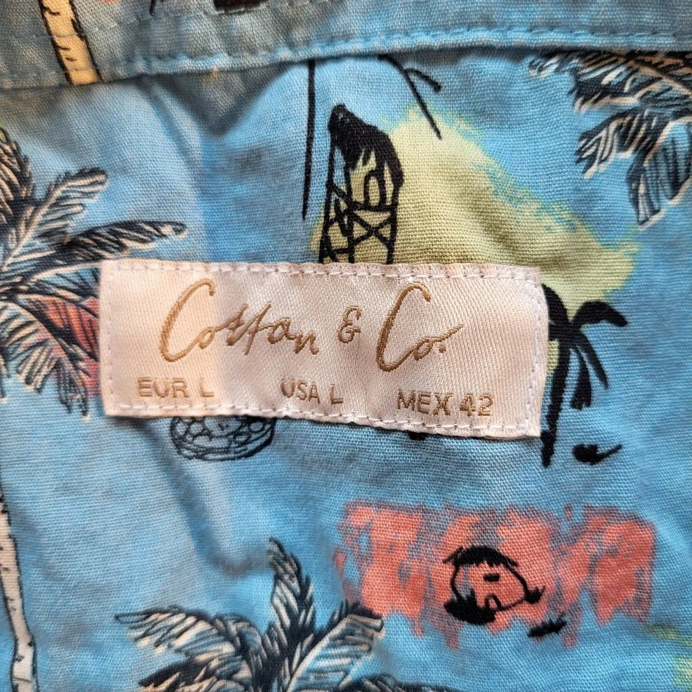 Cotton & Co Mens Large Blue Tropical Palm Tree Beach Print Button Down Shirt L